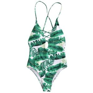 ZAFUL Palm Print Plunge One Piece Swimsuit